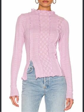 Free People Light Pink Ruffled Cable Knit Mock Turtleneck Sweater